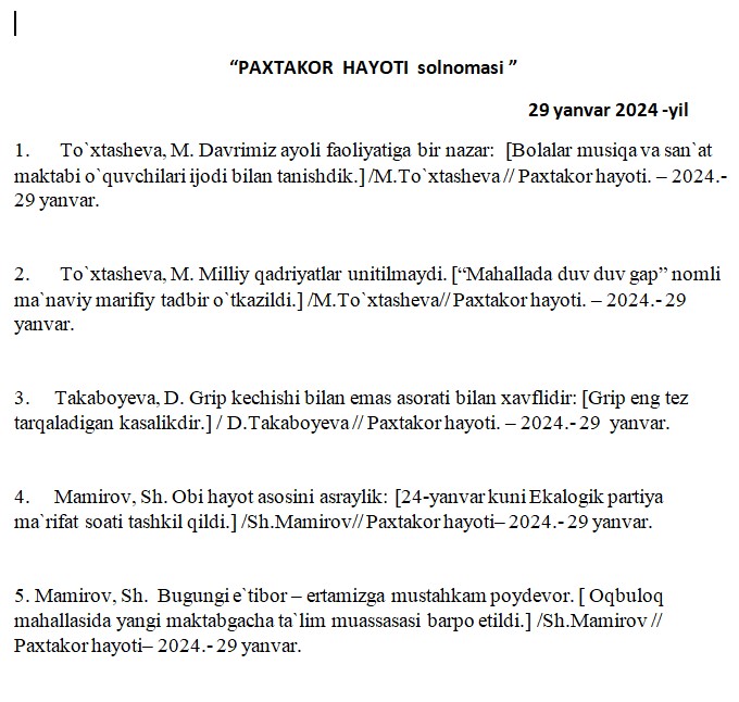 Paxtakor tuman axborot kutubxona markazi bibliografiya bo'limi xodimi tomonidan tayyorlangan solnoma.